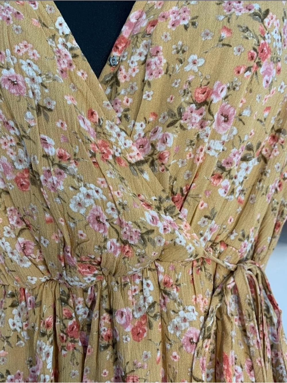 Camellia Brown Pink Floral V Neck Mini Dress Side Tie Flutter Sleeves Large - Picture 6 of 12
